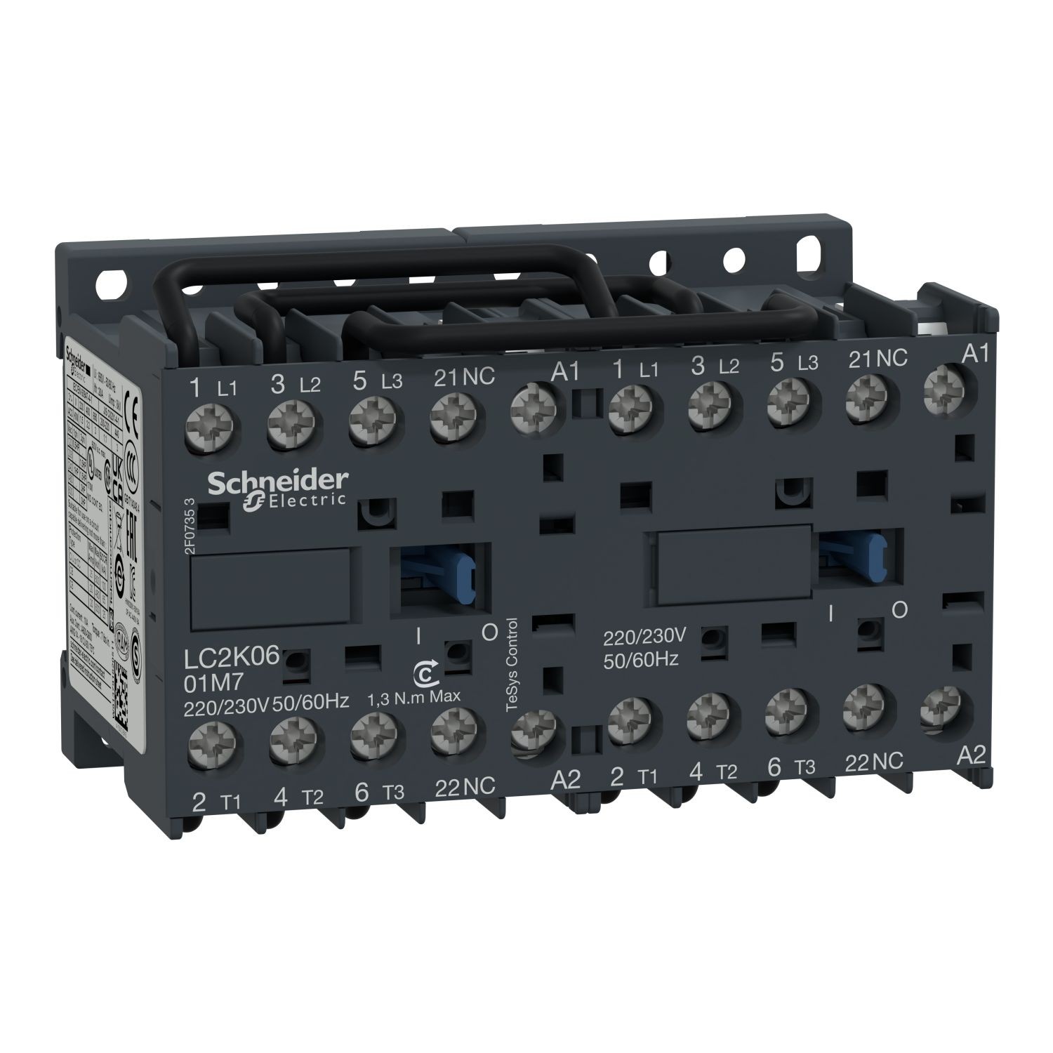 LC2K0601F7 reversing Contactor, TeSys K, 3P, AC-3/AC-3e, <=440V 6A, 1NC , 110V AC coil