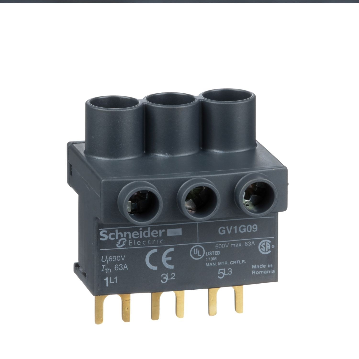 GV1G09 Terminal block,TeSys Deca & TeSys U,3P,from the top,for supply to one or more GV2G busbar sets