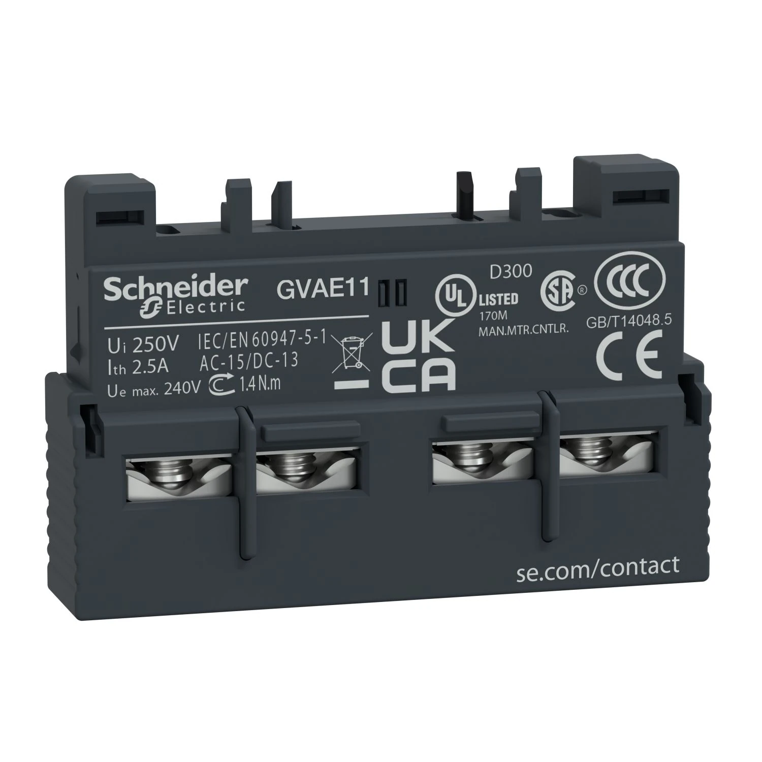 GVAE11 Schneider Electric Apukosketinlohko,TeSys Deca,1NO+1NC,etuasennus,GV2:lle