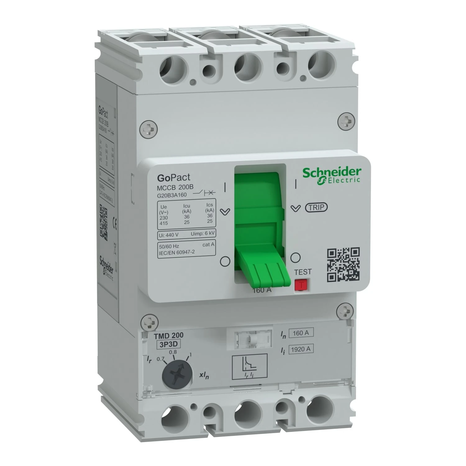 G20B3A160 Schneider Electric Circuit breaker, GoPact MCCB 200, 3 poles, 25kA at 415VAC, 160A rating, TMD trip unit, adjustable thermal protection