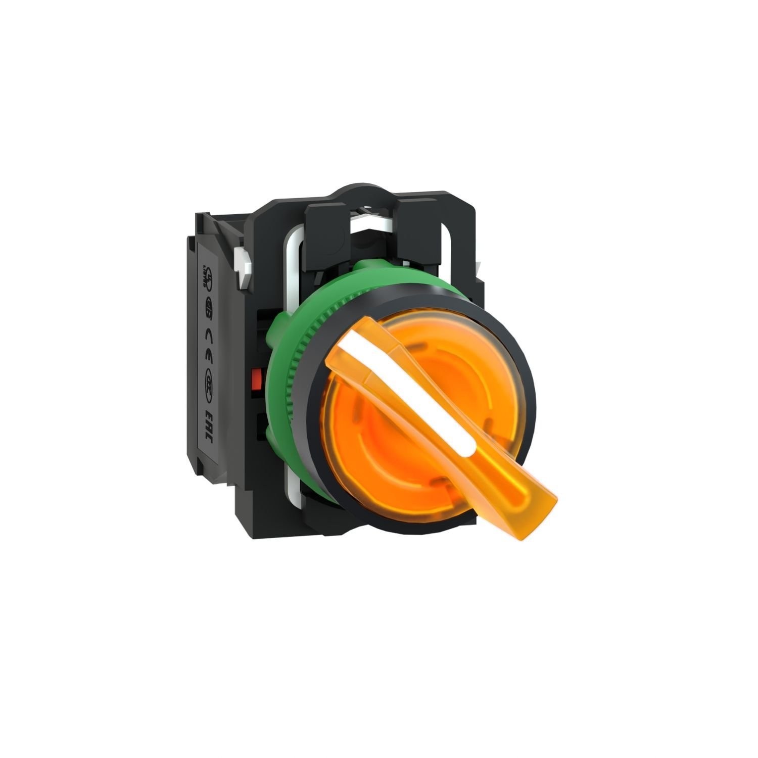 XB5AK125M5 Illuminated selector switch, Harmony XB5, grey plastic, orange handle, 22mm, universal LED, 2 positions, 1NO + 1NC, 230...240V AC