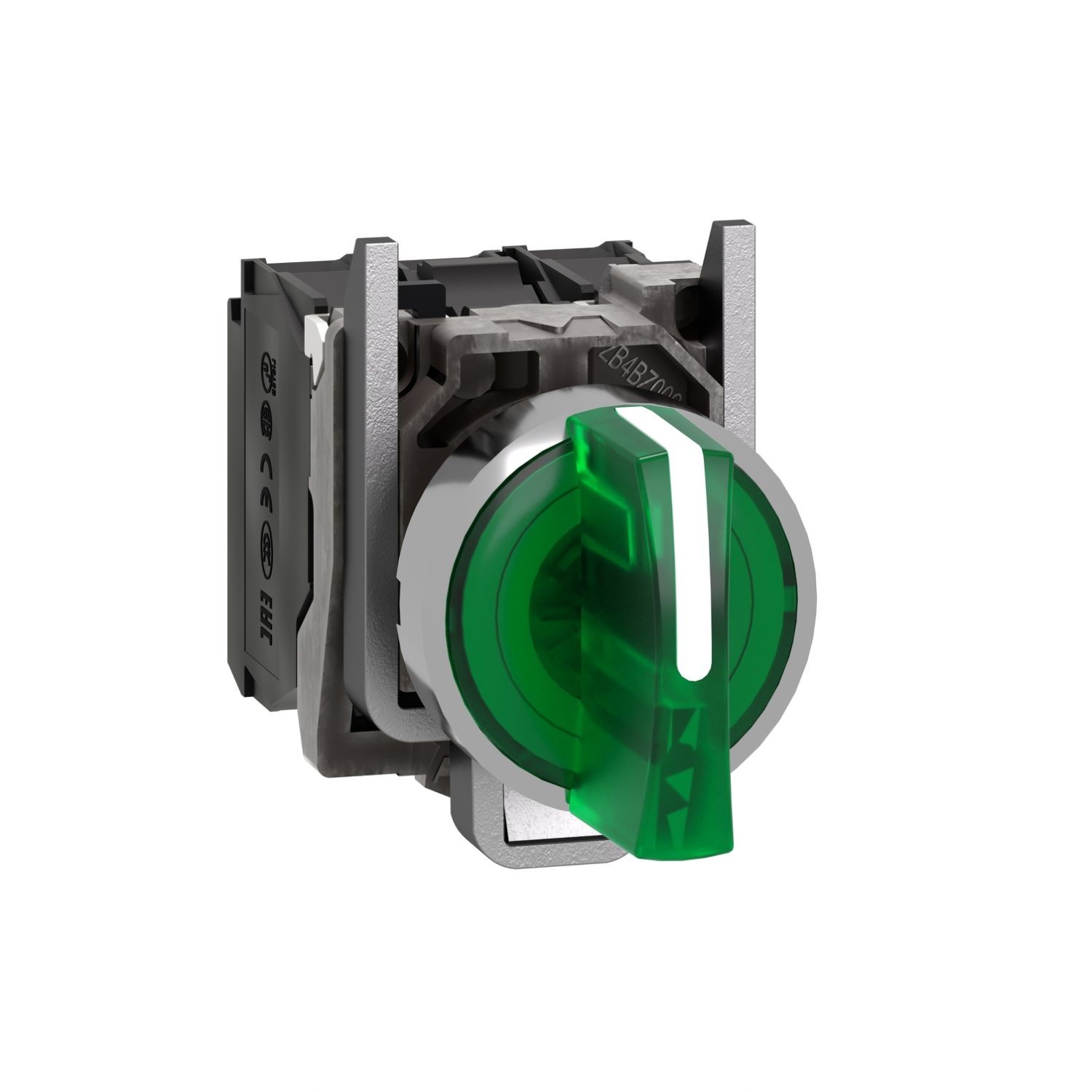 XB4BK133M5 Illuminated selector switch, Harmony XB4, metal, green handle, 22mm, universal LED, 3 positions, 1NO + 1NC, 230...240V AC