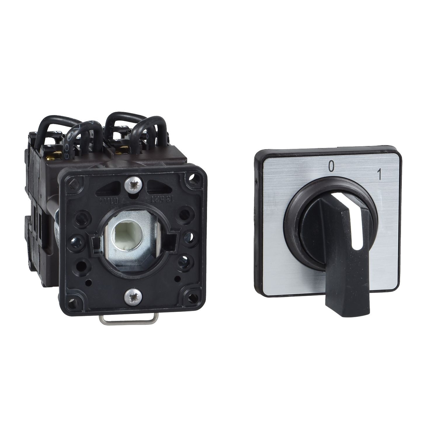 K1A001ACH Cam switch, Harmony K, 22mm, plastic, 1 pole, 2 positions, 45°, 12A, 45x45mm,metallic legend, marked 0 1, 35mm black handle