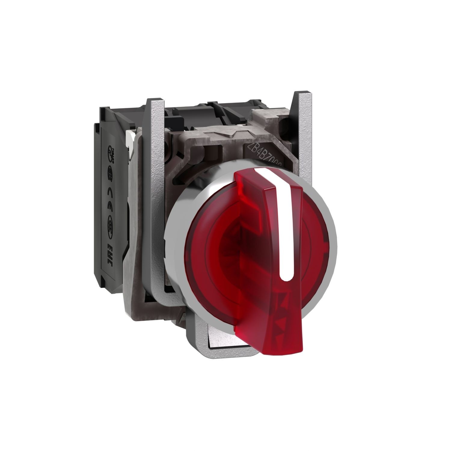 XB4BK134B5 Illuminated selector switch, Harmony XB4, metal, red handle, 22mm, universal LED, 3 positions, 1NO + 1NC, 24V AC DC