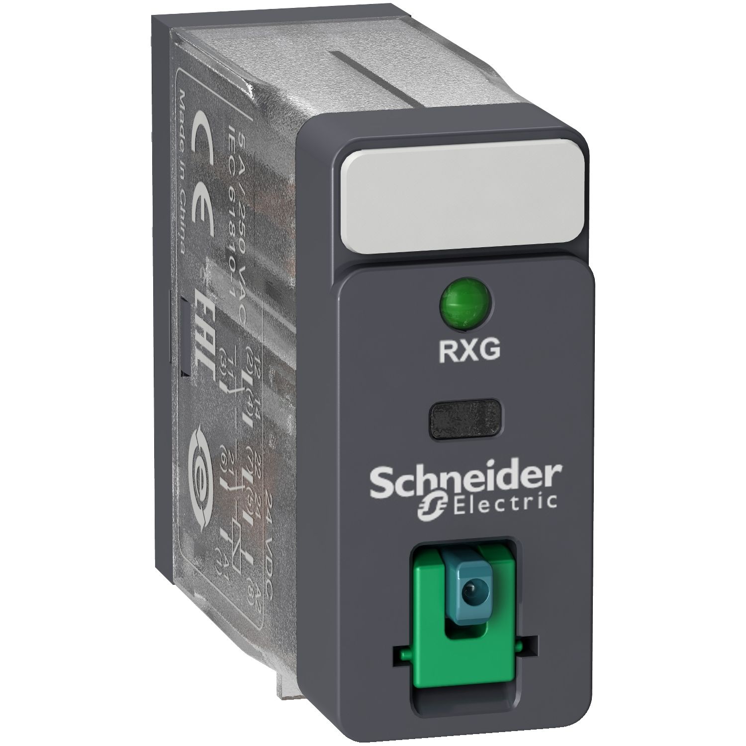 RXG22BD Schneider Electric interface plug in relay, Harmony Electromechanical Relays, 5A, 2CO, with LED, lockable test but to n, 24V DC