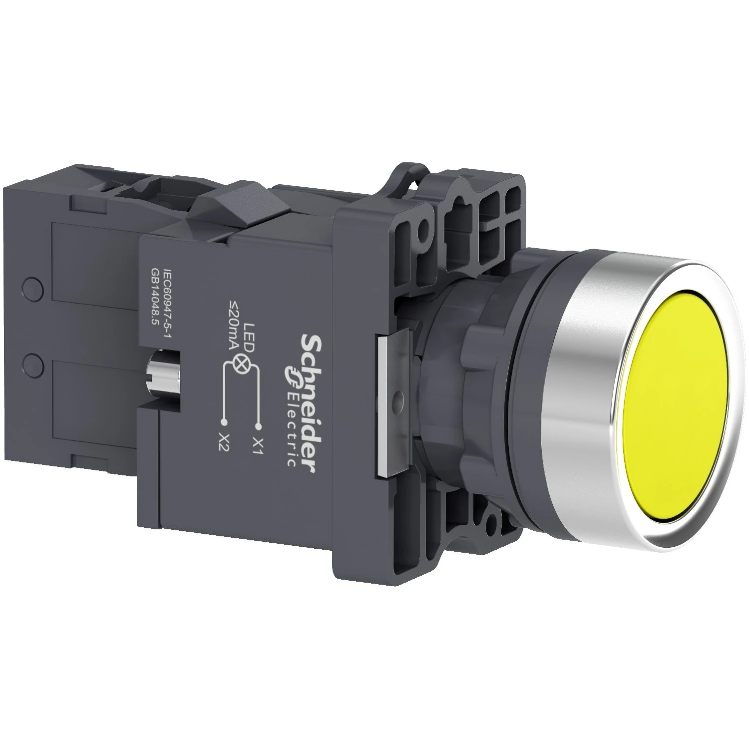 XA2EW35M1 Bouton-poussoir lumineux complet, Easy Harmony XA2, plastique, affleurant, ambre, 22 mm, rappel par ressort, 220 V CA, 1 NO