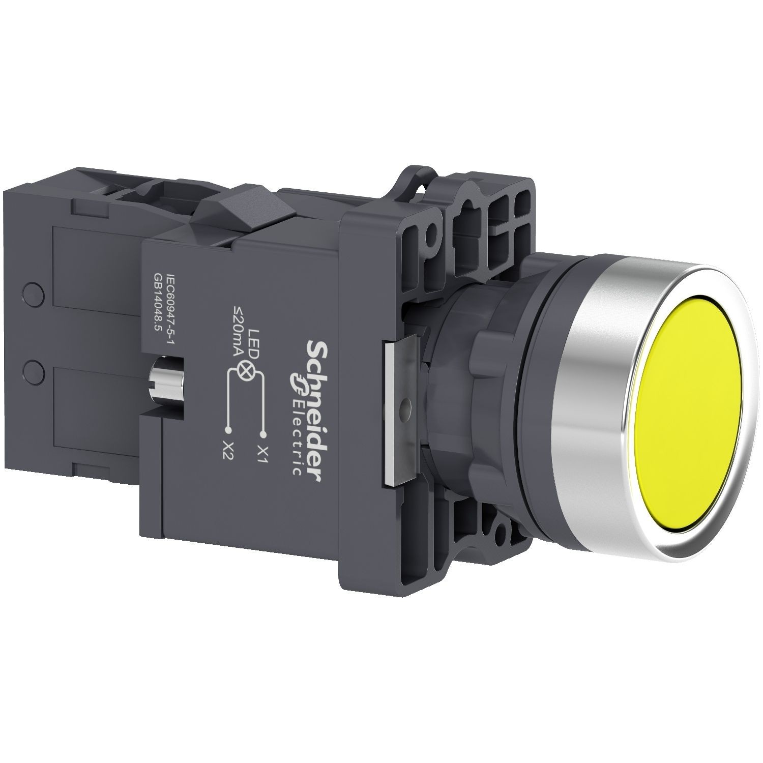 XA2EW35M1 Complete illuminated push button, Easy Harmony XA2, plastic, flush, amber, 22mm, spring return, 220V AC, 1NO