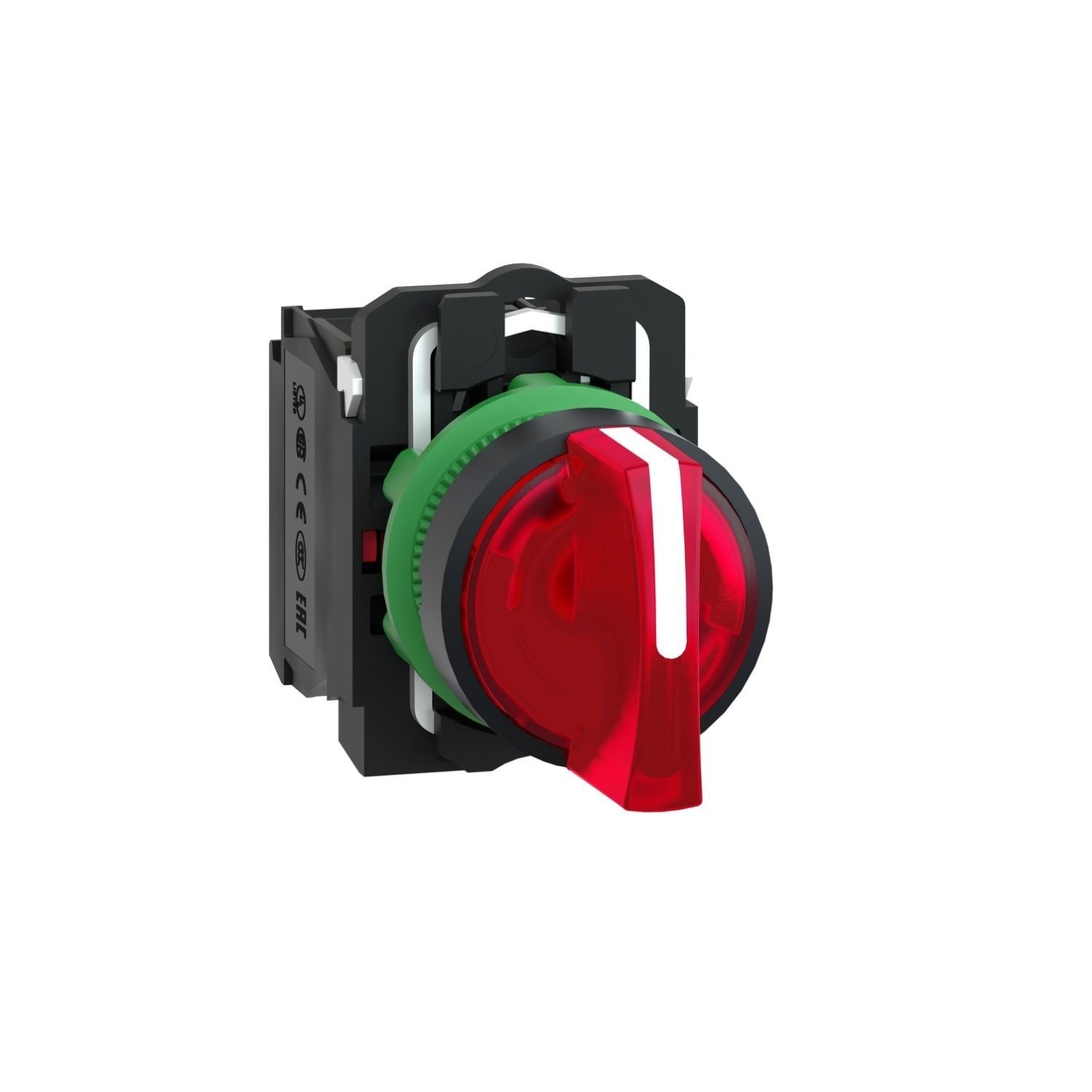 XB5AK134M5 Illuminated selector switch, Harmony XB5, grey plastic, red handle, 22mm, universal LED, 3 positions, 1NO + 1NC, 230...240V AC