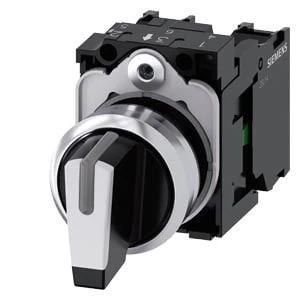 3SU1150-2BM60-1NA0 Siemens Commutateur sélecteur, éclairable, 22 mm, rond, métal, brillant, blanc, commutateur sélecteur, court, 3 positions de commutation I>O<II, type de contact momentané, angle d'actionnement 2x45°, 10:30h/12h/13:30h, avec support, 1 NO, 1 NO, borne à vis