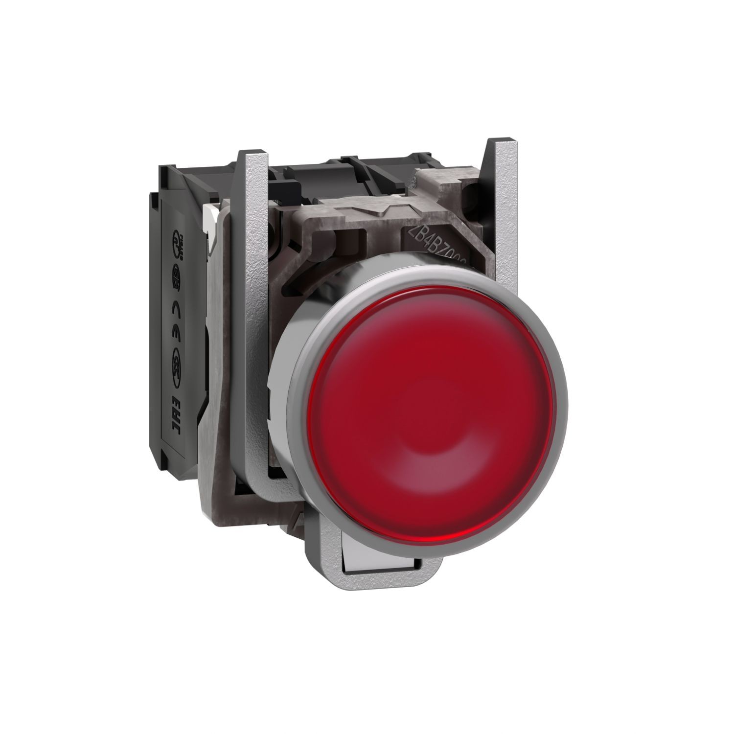 XB4BW34M5 Illuminated push button, Harmony XB4, metal, red flush, 22mm, universal LED, plain lens, 1NO + 1NC, 230...240V AC