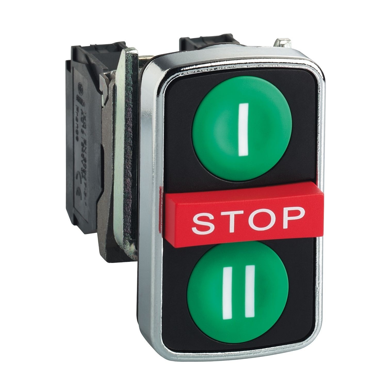 XB4BA731327 Triple headed push button, Harmony XB4, metal, 22mm, marked, 1 green flush I + 1 red projecting STOP + 1 green flush II, 2 NO + 1 NC