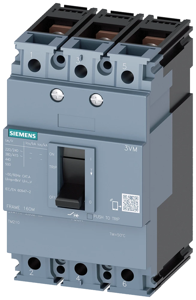 3VM1112-4ED32-0AA0 circuit breaker 3VM1 IEC frame 160 breaking capacity class S Icu=36kA @ 415V 3-pole, line protection TM210, FTFM, In=125A overload protection Ir=125A, not adjustable short-circuit protection Ii=10 x In nut keeper kit