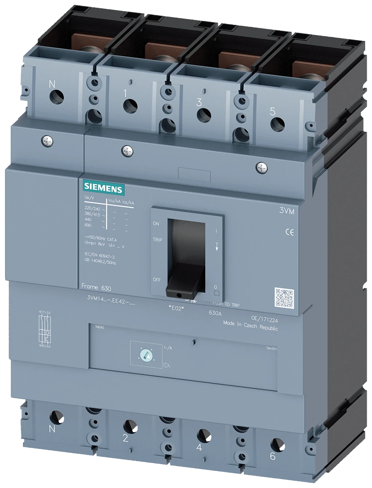 3VM1463-4EE42-0AA0 Leistungsschalter 3VM1 IEC Frame 630 Schaltvermögenklasse N Icu=36kA @ 415V 4-polig, Leitungsschutz TM220, ATFM, In=630A Überlastschutz Ir=440A...630A Kurzschlussschutz Ii=8 x In N-Leiter ungeschützt Mutternhalter k