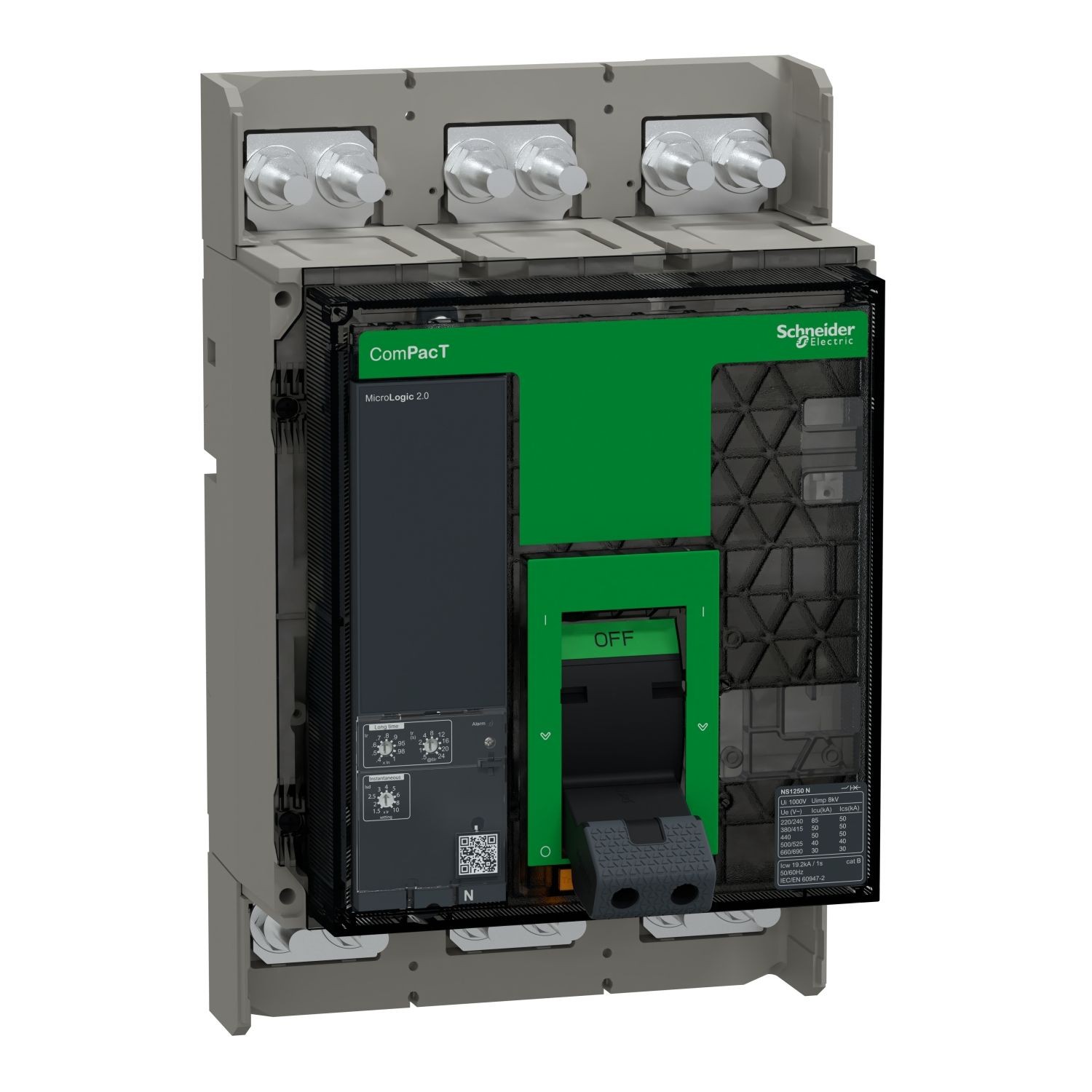 C125N320FM Circuit breaker, ComPacT NS1250N, 50kA at 415VAC, 3P, fixed, manually operated, MicroLogic 2.0 control unit, 1250A