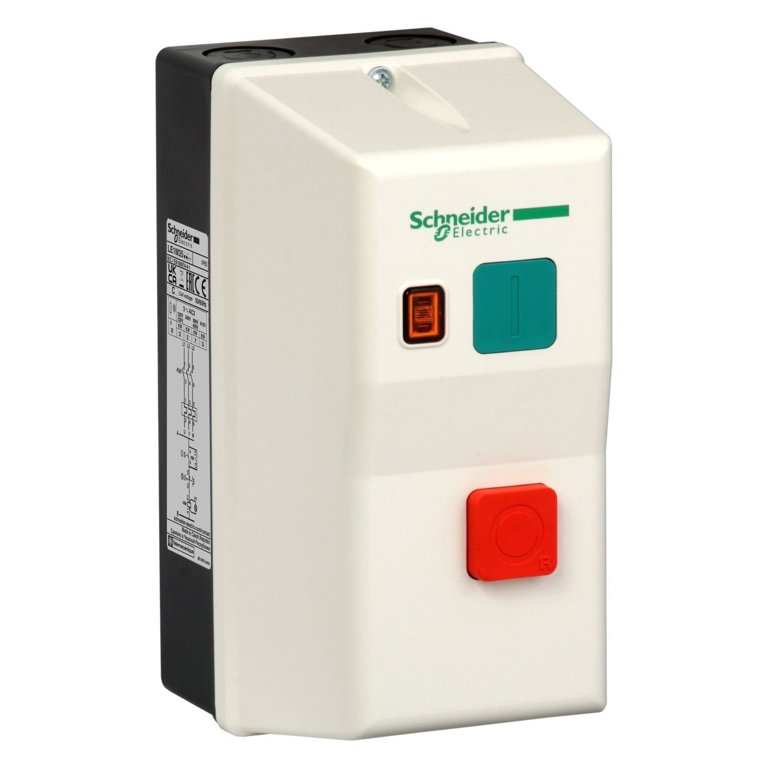 LE1M35N722 Enclosed DOL starter,TeSys LE,12-16A,415V AC coil,including 1 LC1K,LR2K,2 pushbuttons,yellow indicator