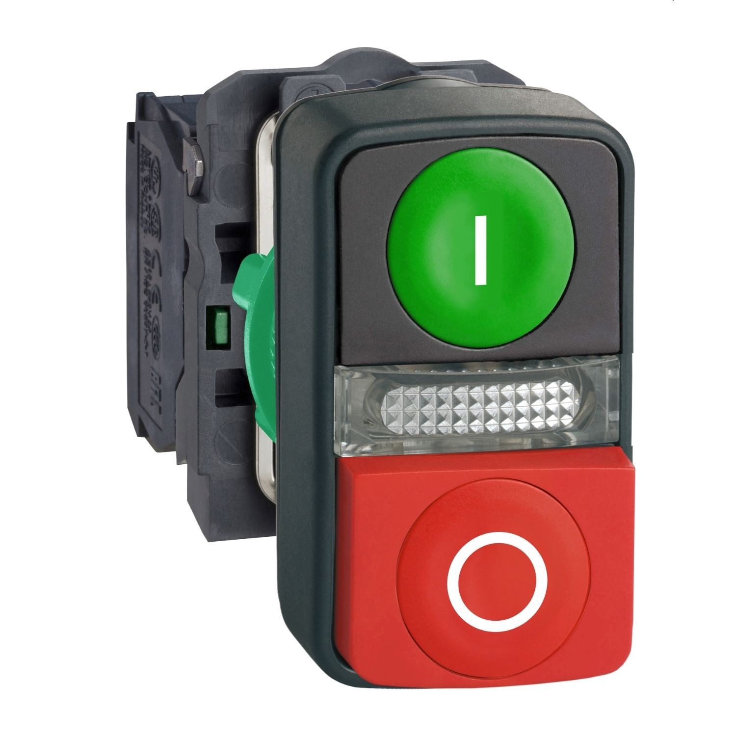 XB5AW73731M5 Illuminated double headed push button, Harmony XB5, plastic, 22mm, 1 green flush I + 1 pilot light + 1 red projecting O, 240V AC DC, 1NO + 1NC