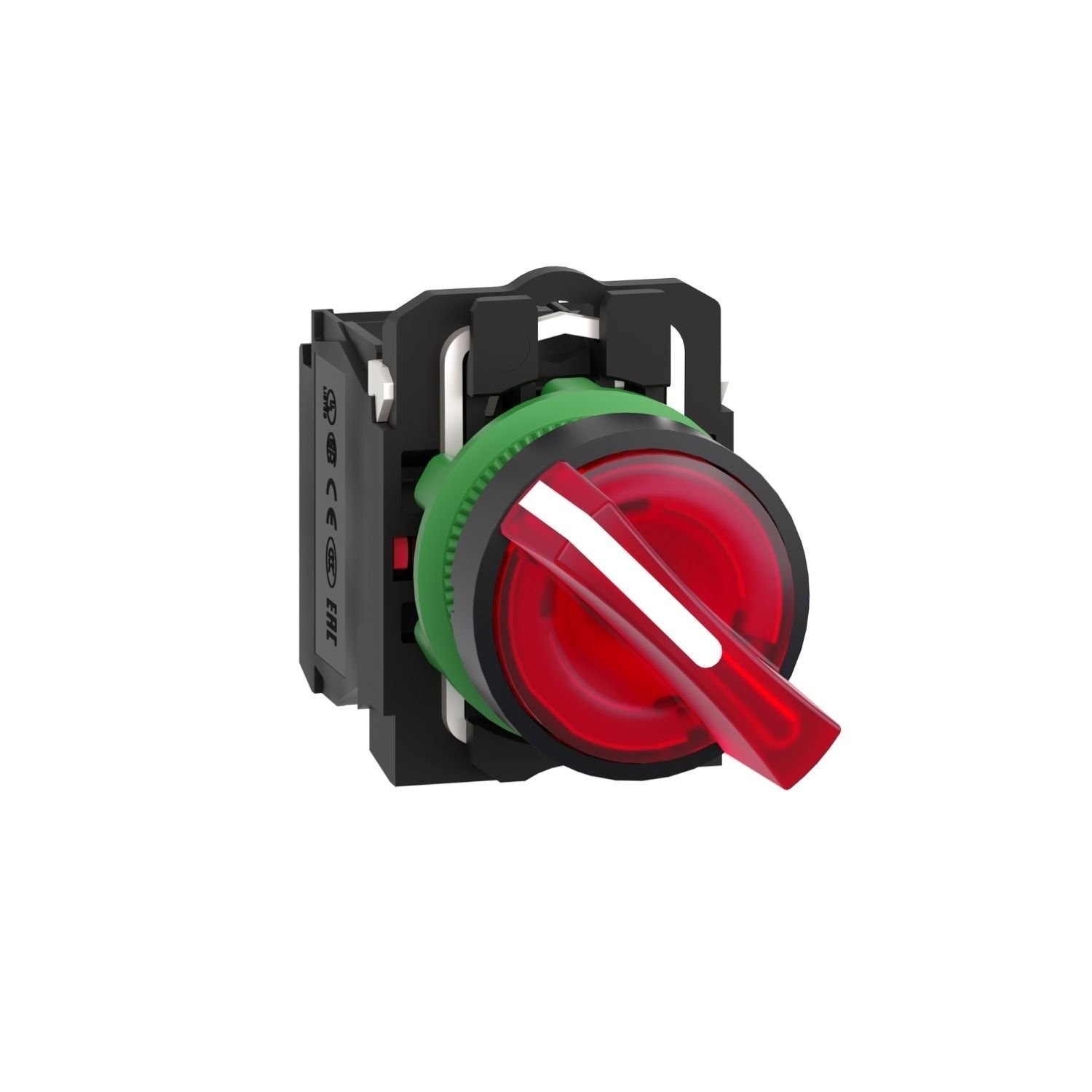 XB5AK124B5 Illuminated selector switch, Harmony XB5, grey plastic, red handle, 22mm, 2 positions, universal LED, 1NO + 1NC, 24V AC DC
