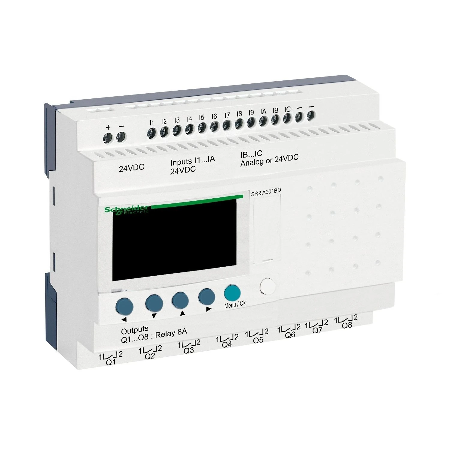 SR2A201BD Schneider Electric kompakti älyrele, Zelio Logic SR2 SR3, 20 IO, 24 V DC, ei kelloa, näyttö