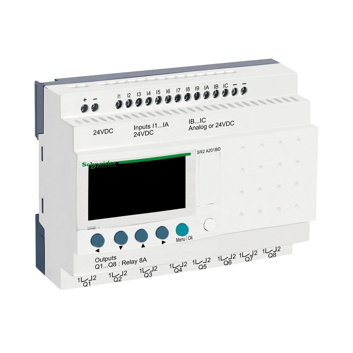 SR2A201BD compact smart relay, Zelio Logic SR2 SR3, 20 IO, 24V DC, no clock, display