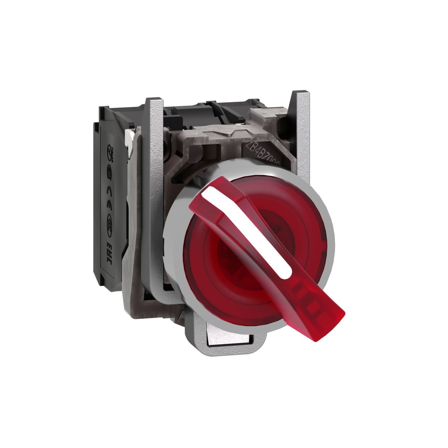 XB4BK124B5 Illuminated selector switch, Harmony XB4, metal, red handle, 22mm, universal LED, 2 positions, 1NO + 1NC, 24V AC DC