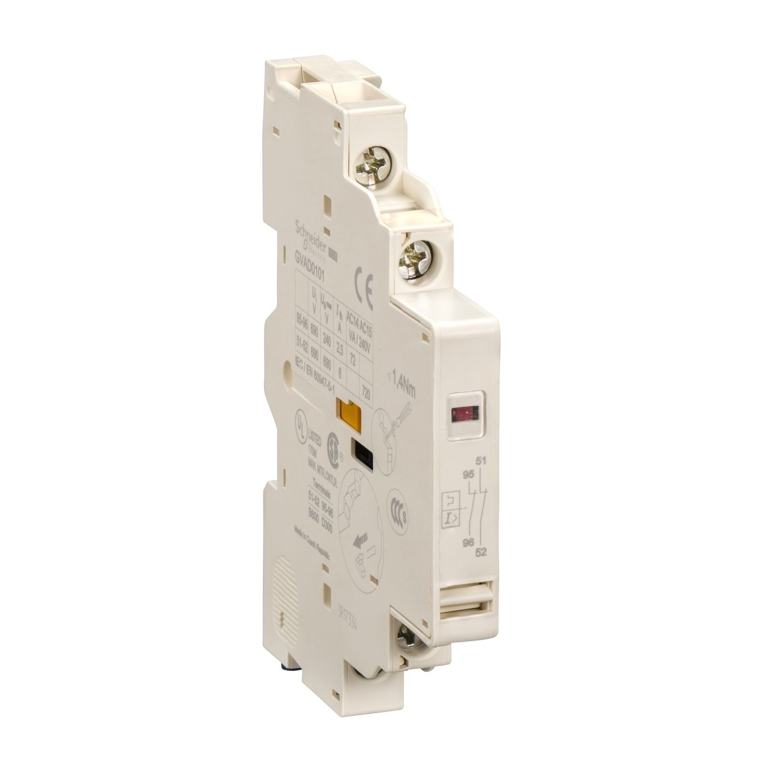 Schneider Electric GVAD1010 Add-on contact block,TeSys Deca Frame 2/3,1NO(fault)+1NO,side,for GV2/GV3(except GV3ME)