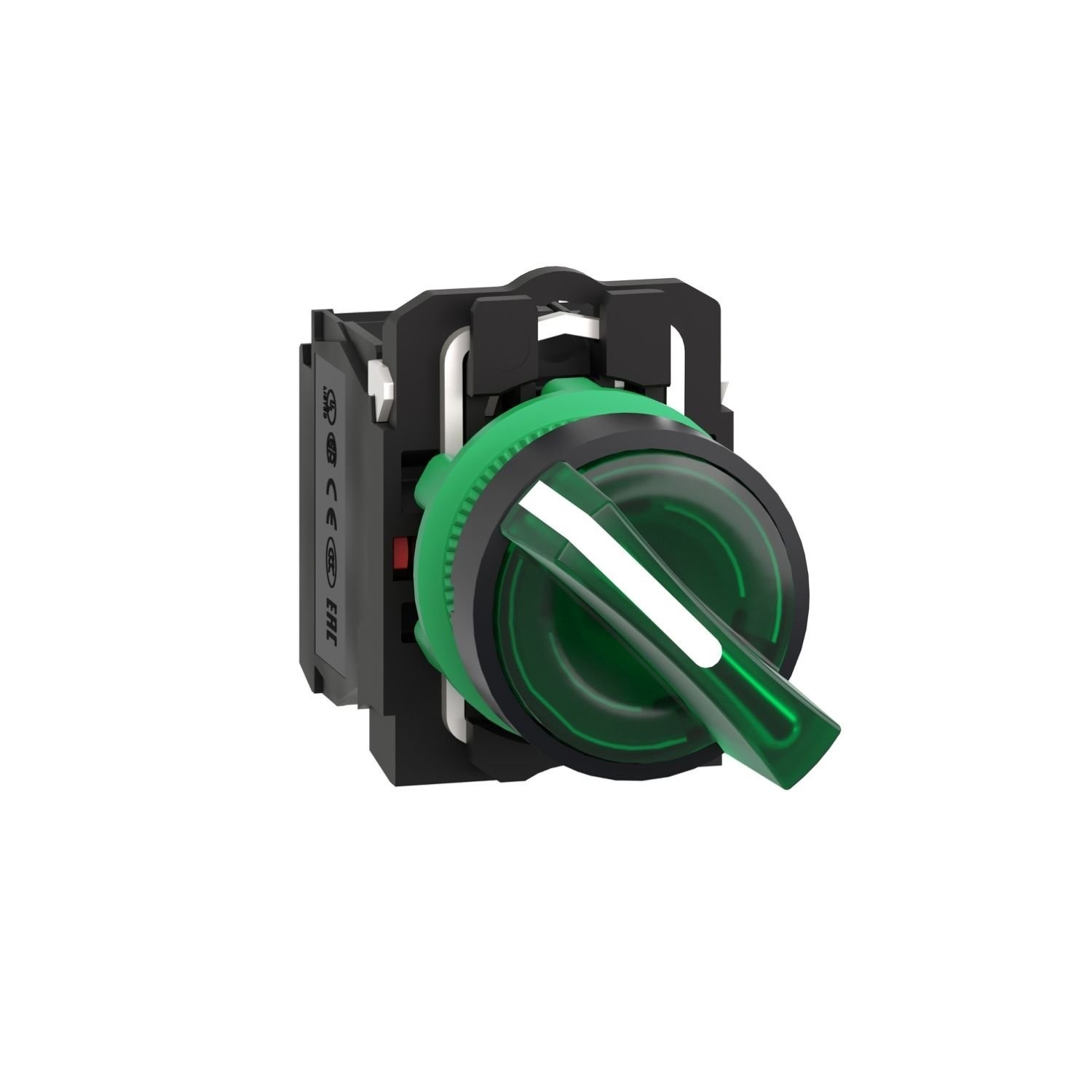 XB5AK123M5 Illuminated selector switch, Harmony XB5, grey plastic, green handle, 22mm, universal LED, 2 positions, 1NO + 1NC, 230...240V AC