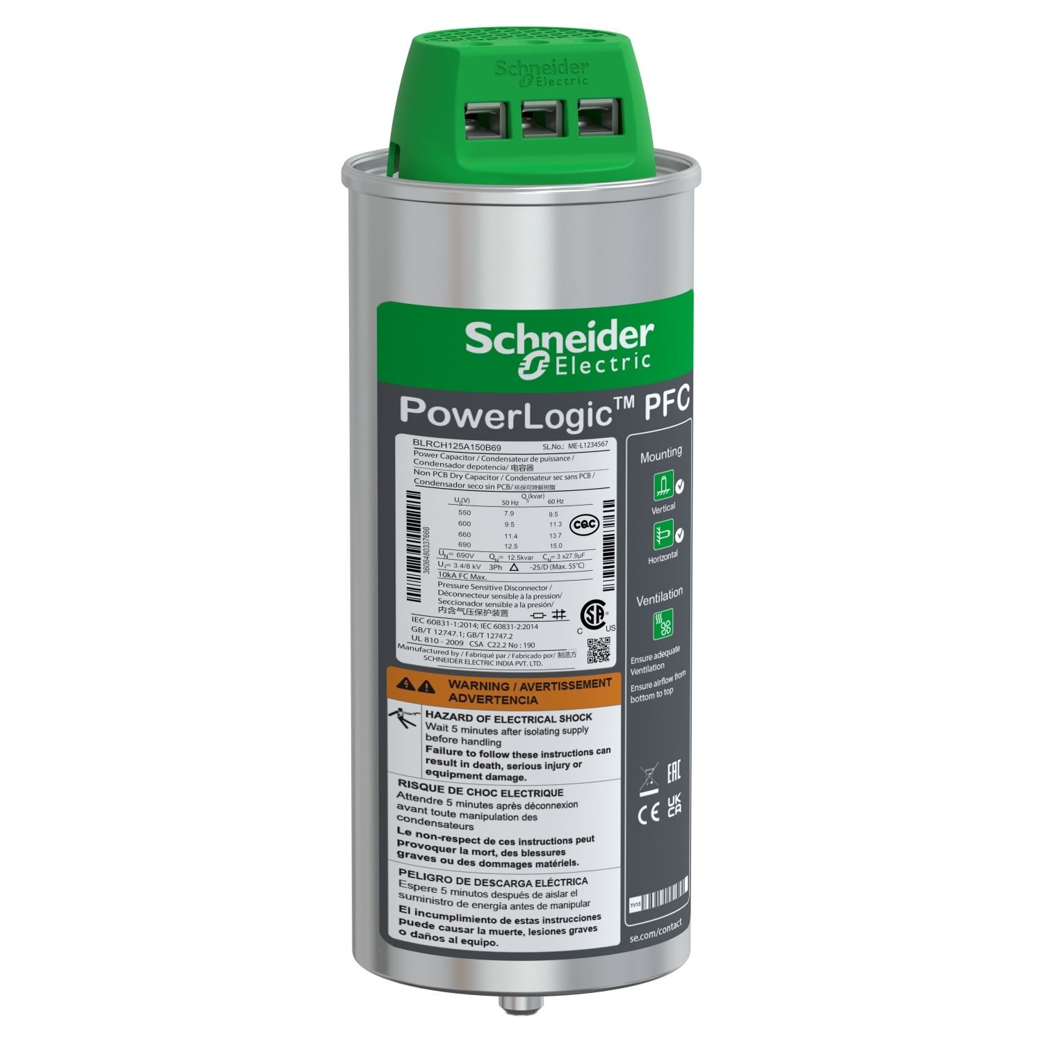 BLRCH150A180B40 heavy duty PowerLogic PFC Capacitor, 15/18 kvar - 400 V - 50/60Hz