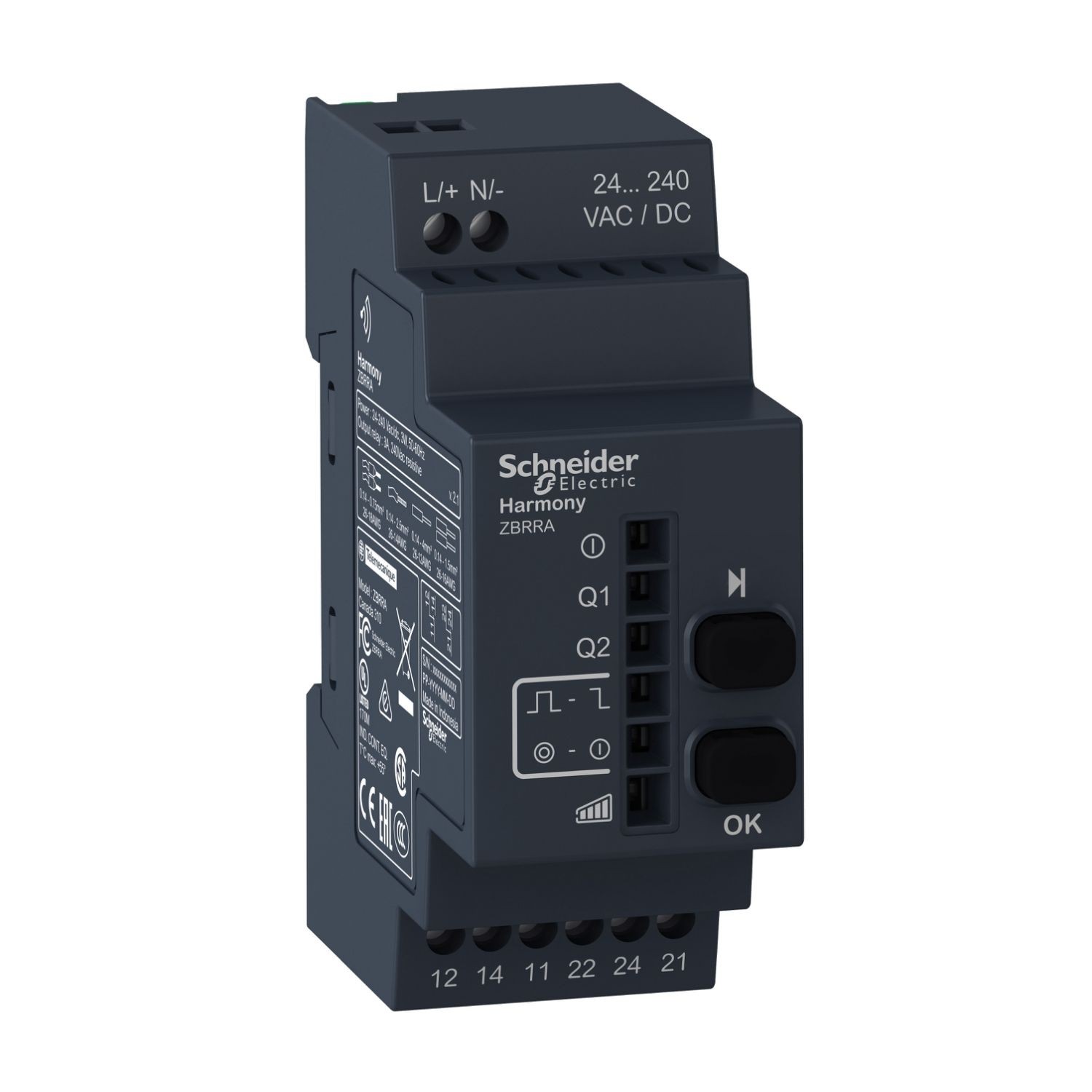 ZBRRA Configurable receiver, Harmony XB5R, 2 relays, 2 buttons, 6 indicating LEDs, monostable, bistable, stop start, 24...240V AC DC