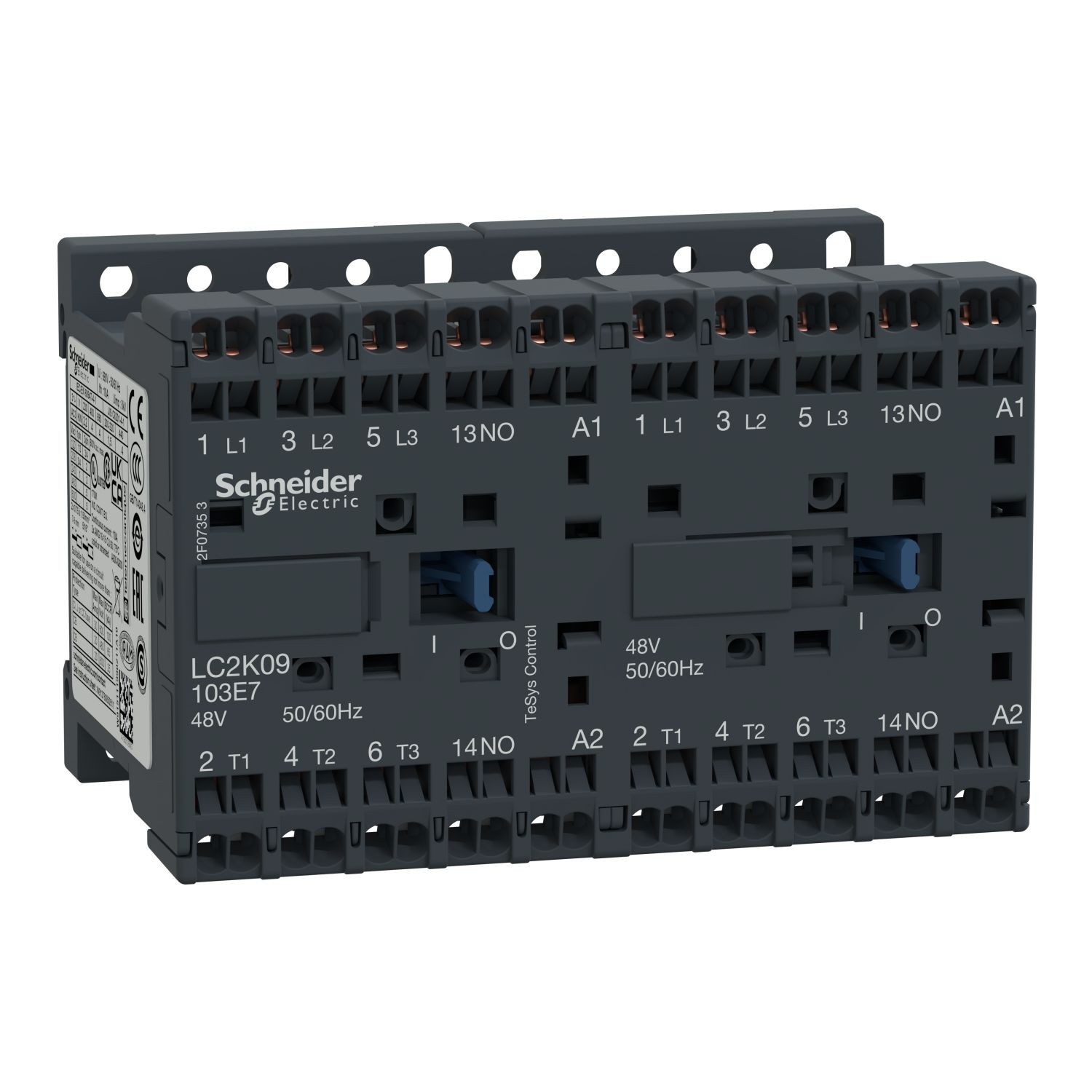 LC2K09103E7 reversing Contactor, TeSys K, 3P, AC-3/AC-3e,440V 9A, 1NO, 48V AC coil,spring terminal
