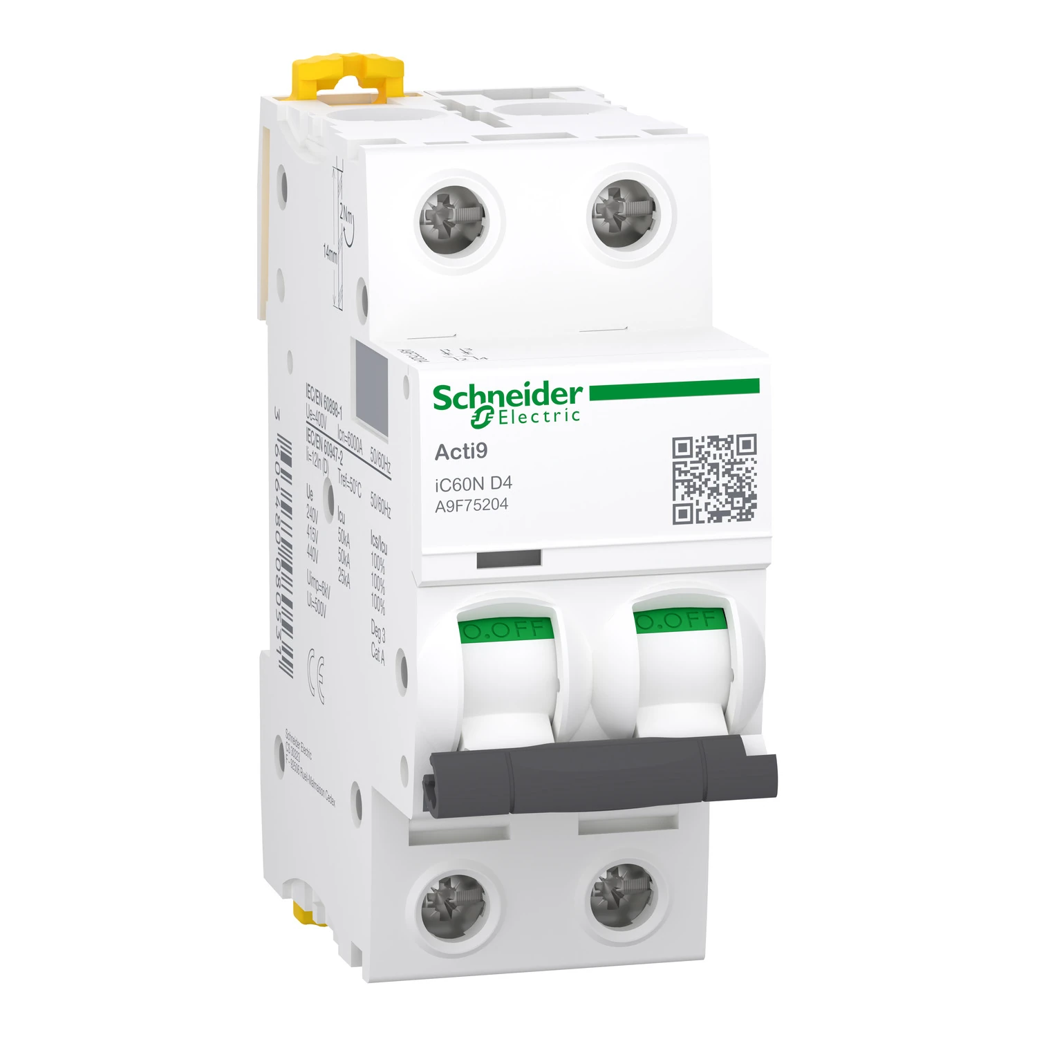 A9F75204 Schneider Electric Miniature circuit breaker (MCB), Acti9 iC60N, 2P, 4A, D curve, 6000A