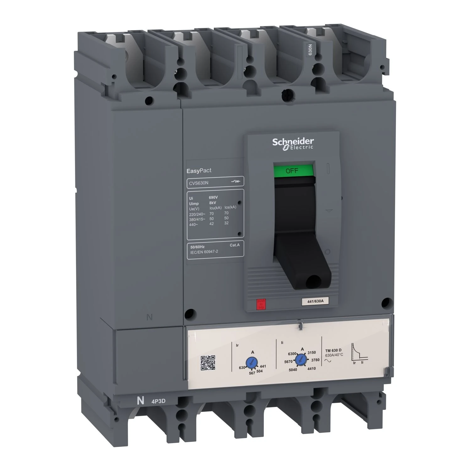 LV563319 Schneider Electric circuit breaker, EasyPact CVS630N, 50kA at 415VAC, 600A, TM-D trip unit, 4P3d