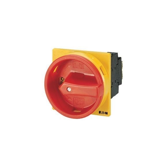 EATON 053110 T0-1-8200/EA/SVB - Main switch, T0, 20 A, flush mounting, 1 contact unit(s), 1 pole, Emergency switching off function, With red rotary handle and yellow locking ring, Lockable in the 0 (Off) position