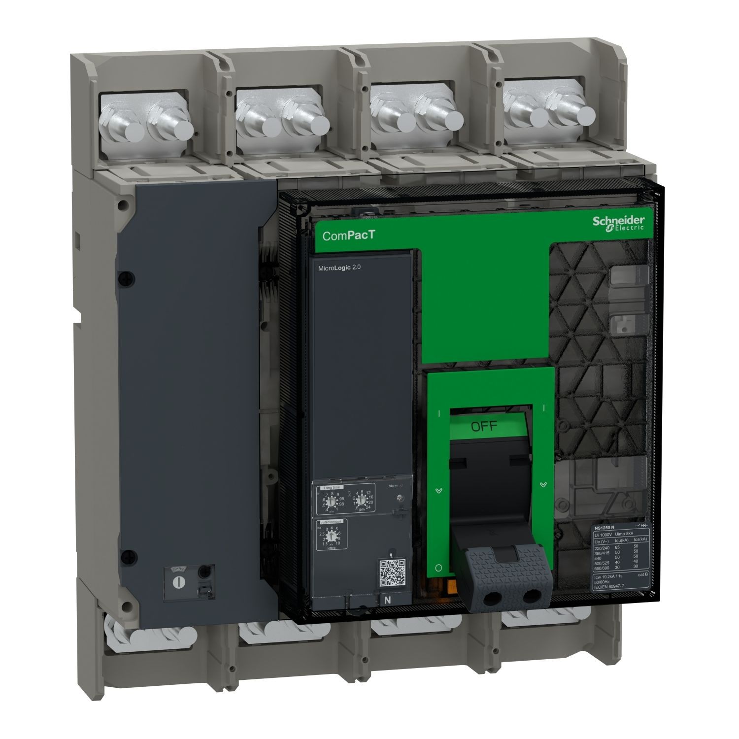 C125N420FM Circuit breaker, ComPacT NS1250N, 50kA at 415VAC, 4P, fixed, manually operated, MicroLogic 2.0 control unit, 1250A