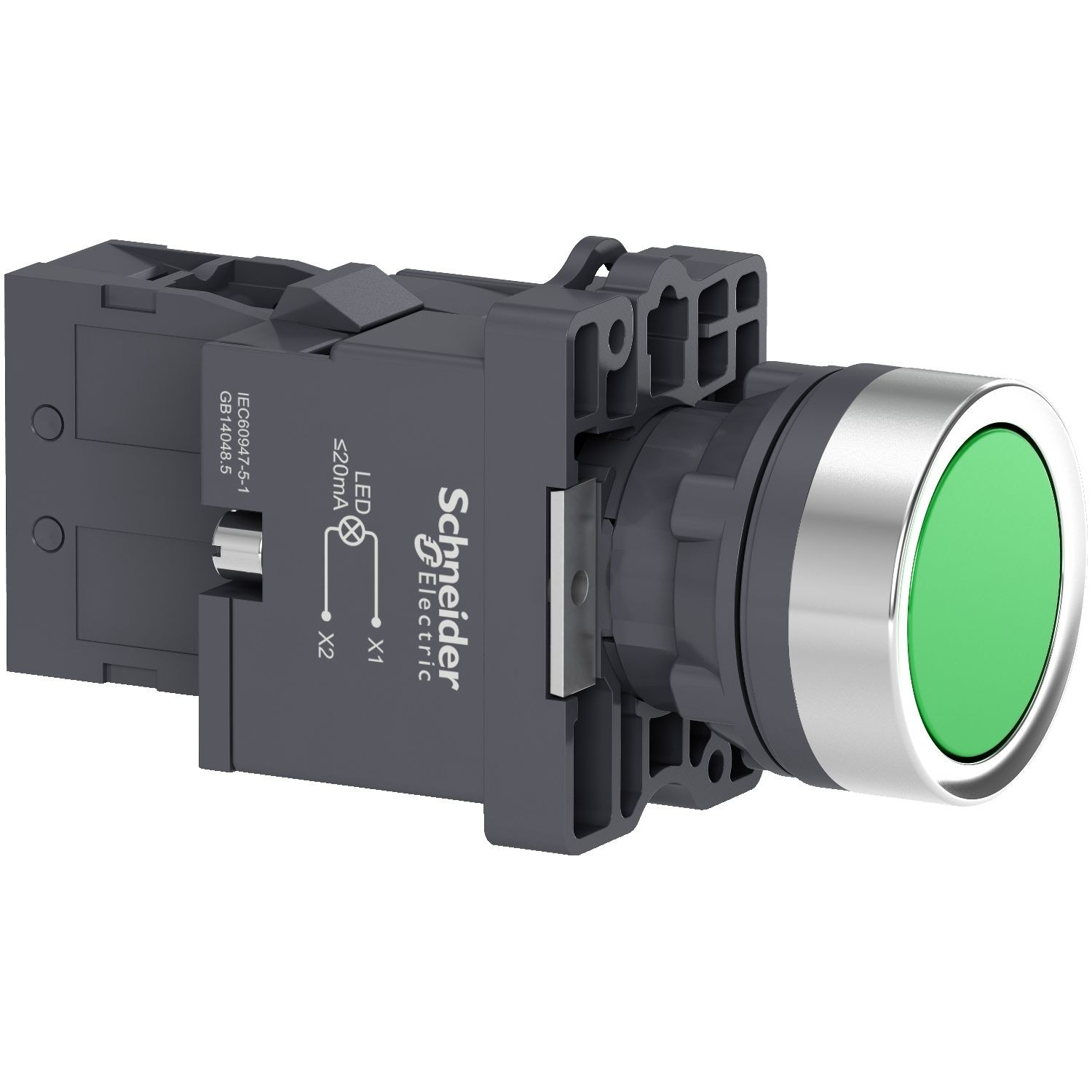 XA2EW33M1 Complete illuminated push button, Easy Harmony XA2, plastic, flush, green, 22mm, spring return, 220V AC, 1NO