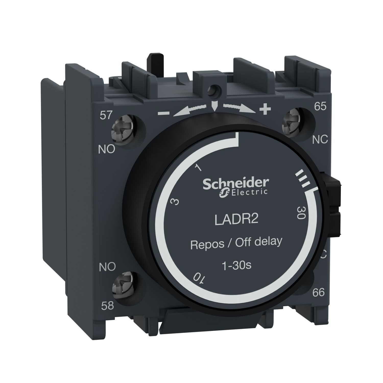 LADR2 Time delay auxiliary contact block, TeSys Deca, 1NO+1NC, off delay 1-30s, front, screw clamp terminals