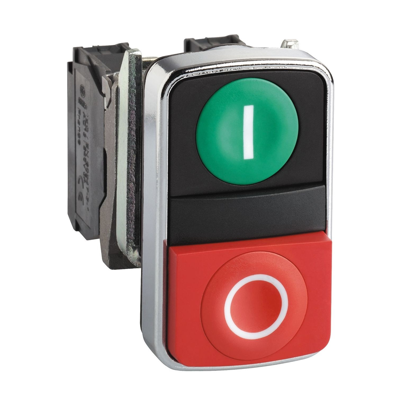 XB4BL73415 Double headed push button, Harmony XB4, metal, 22mm, 1 green flush marked I + 1 red projecting marked O, 1NO+1NC
