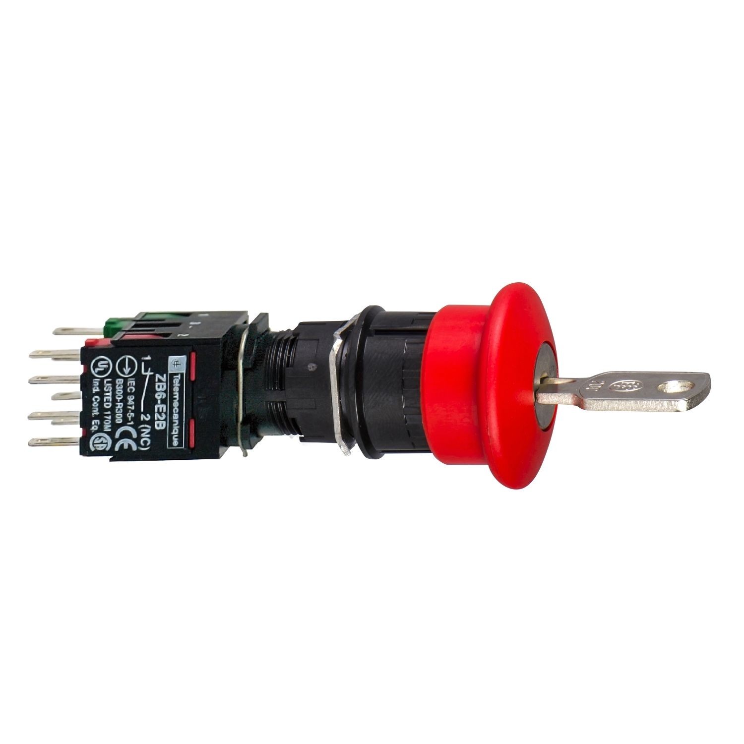 XB6AS9349B Complete emergency stop push button, Harmony XB6, 16mm, red pushbutton 30mm, trigger latching key release, 1NO + 2NC, key 200