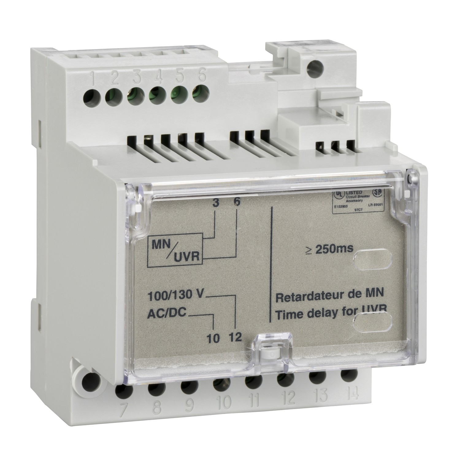 33685 non adjustable time delay relay for MN voltage release, 200/250 VDC, 200/250 VAC 50/60 Hz