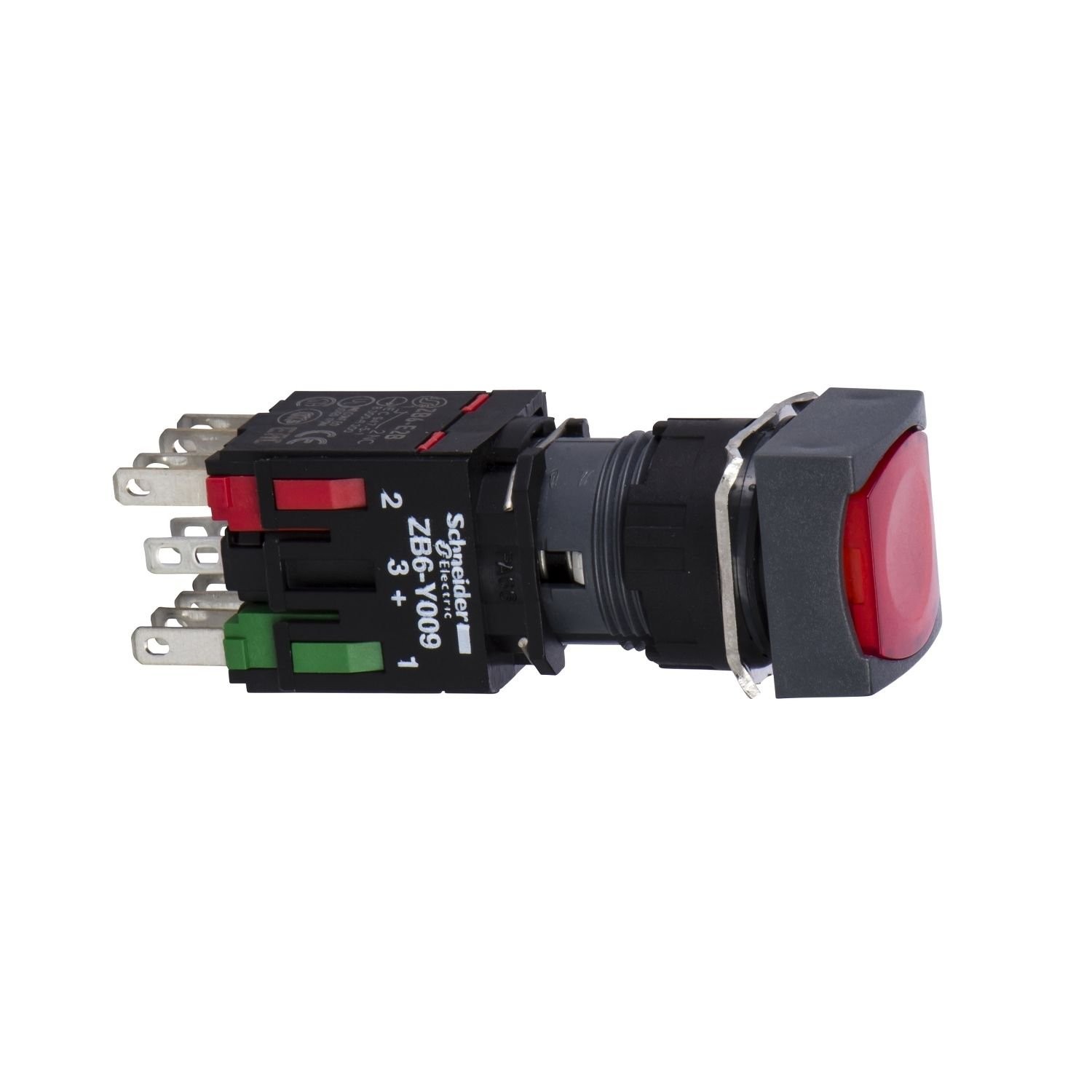 XB6CW4B2B Complete illuminated push button, Harmony XB6, red square flush, 16mm, spring return 1NC 12...24V