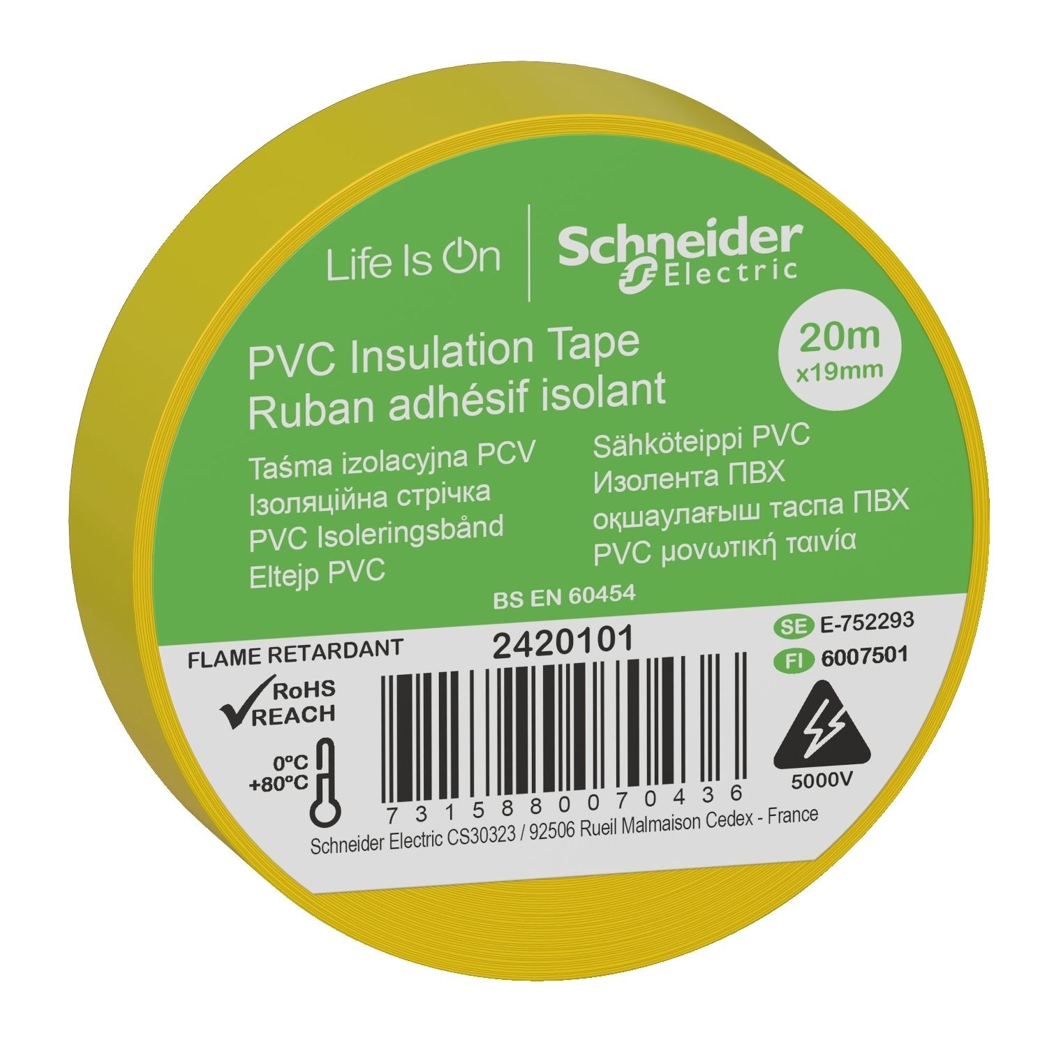 Schneider Electric 2420101 Insulation tape, Thorsman, 19mm x 20m, yellow