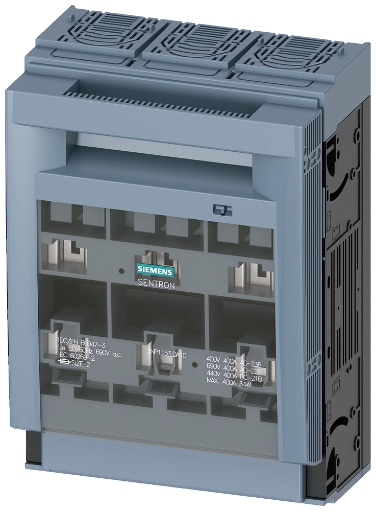 3NP1153-1DA10 SENTRON, Fuse switch disconnector 3NP1, 3-pole, NH2, 400 A, for assembly and installation on mounting plate, flat terminal, cover level 70 mm