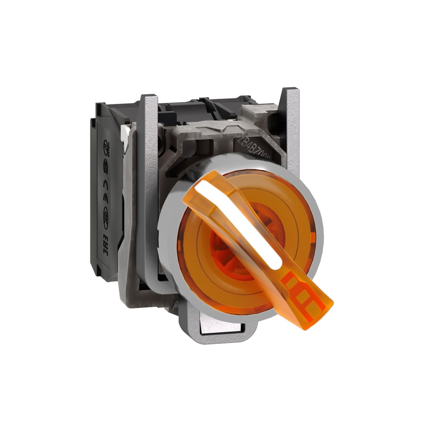 XB4BK125B5 Illuminated selector switch, Harmony XB4, metal, orange handle, 22mm, universal LED, 2 positions, 1NO + 1NC, 24V AC DC