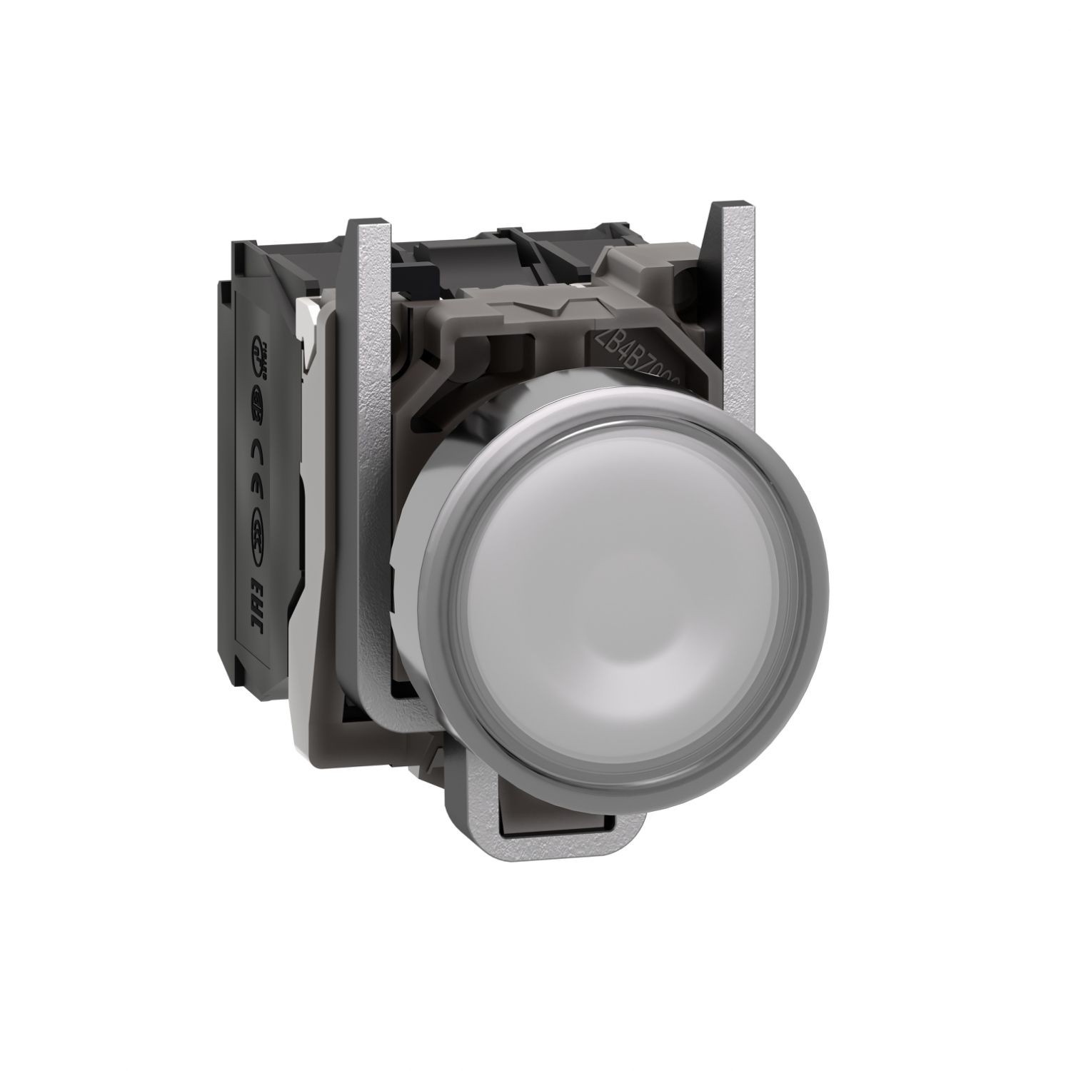 XB4BW31M5 Illuminated push button, Harmony XB4, metal, white flush, 22mm, universal LED, plain lens, 1NO + 1NC, 230...240V AC