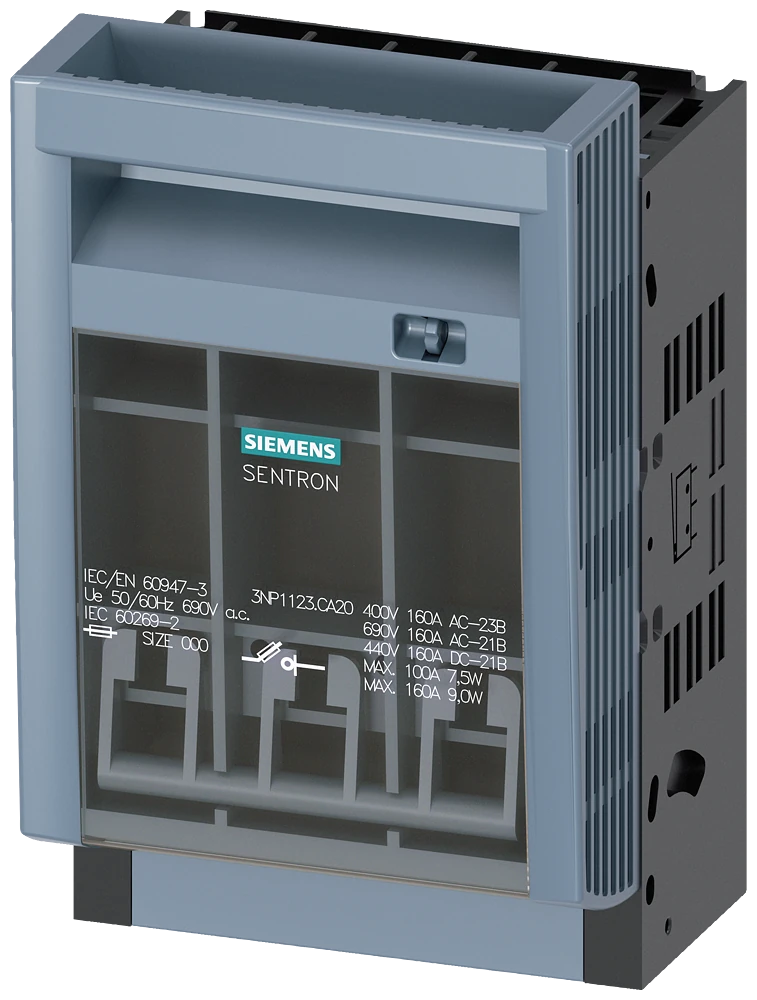 3NP1123-1CA20 Siemens SENTRON, Fuse switch disconnector 3NP1, 3-pole, NH000, 160 A, for assembly and installation on Mounting plate, box terminal, Cover level 45 mm