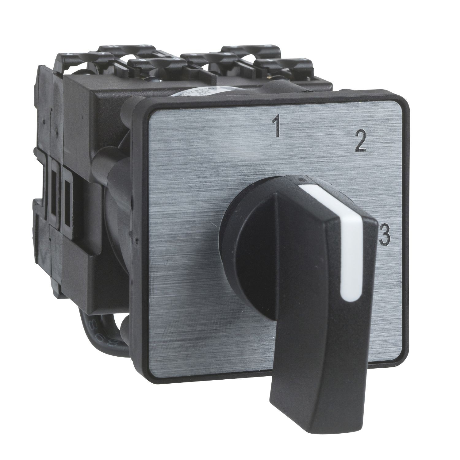 K1A001ALH Cam switch, Harmony K, multifixing, plastic, 1 pole, 2 positions, 45°, 12A, 45x45mm, metallic legend, marked 0 1, 35mm black handle
