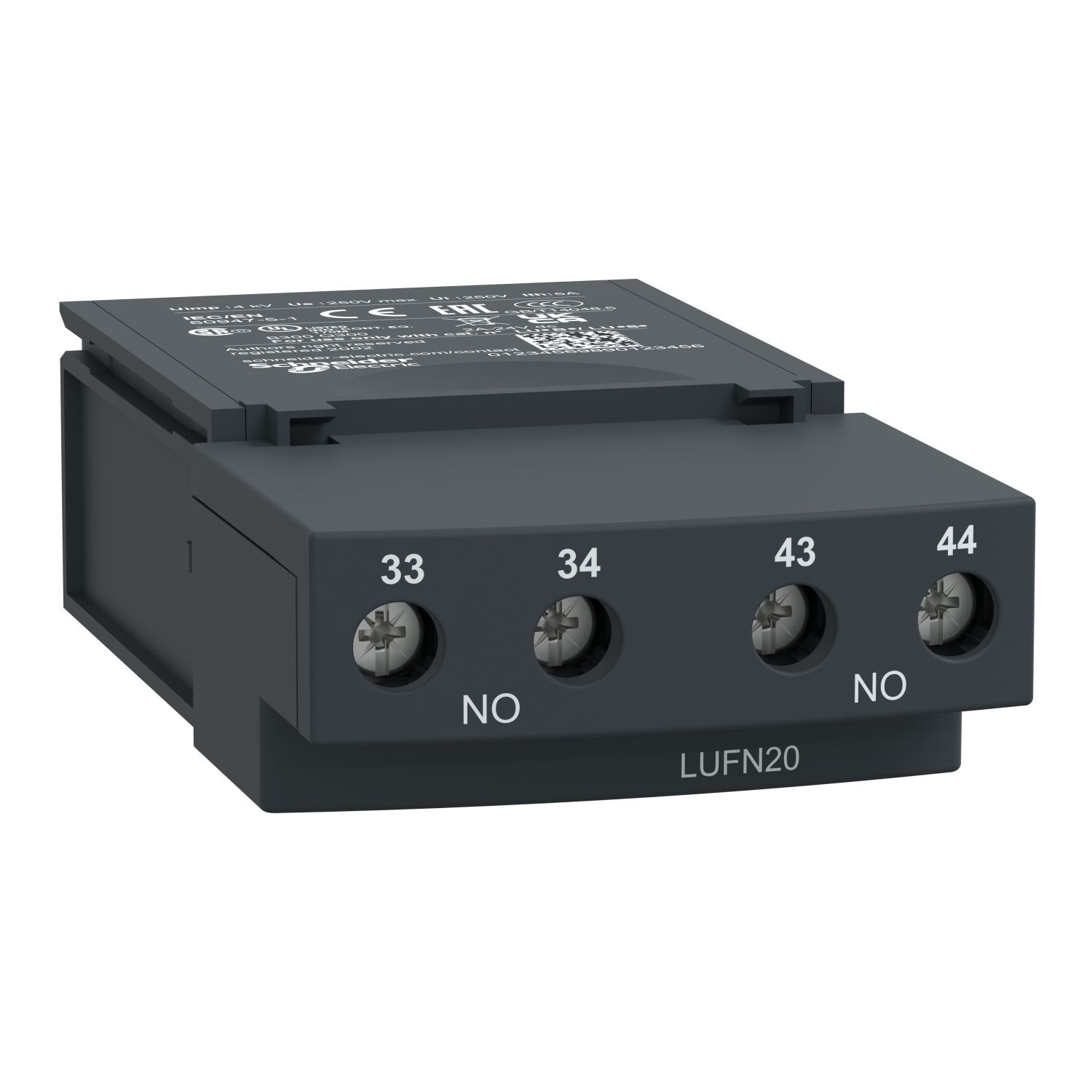 LUFN20 Auxiliary contacts, TeSys Ultra, 2NO, 250VAC/DC, Power pole status, screw terminal
