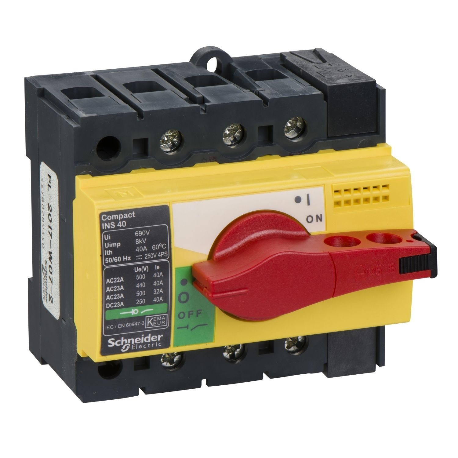 Schneider Electric 28916 switch disconnector, Compact INS40, 40A, with red rotary handle and yellow front, 3 poles