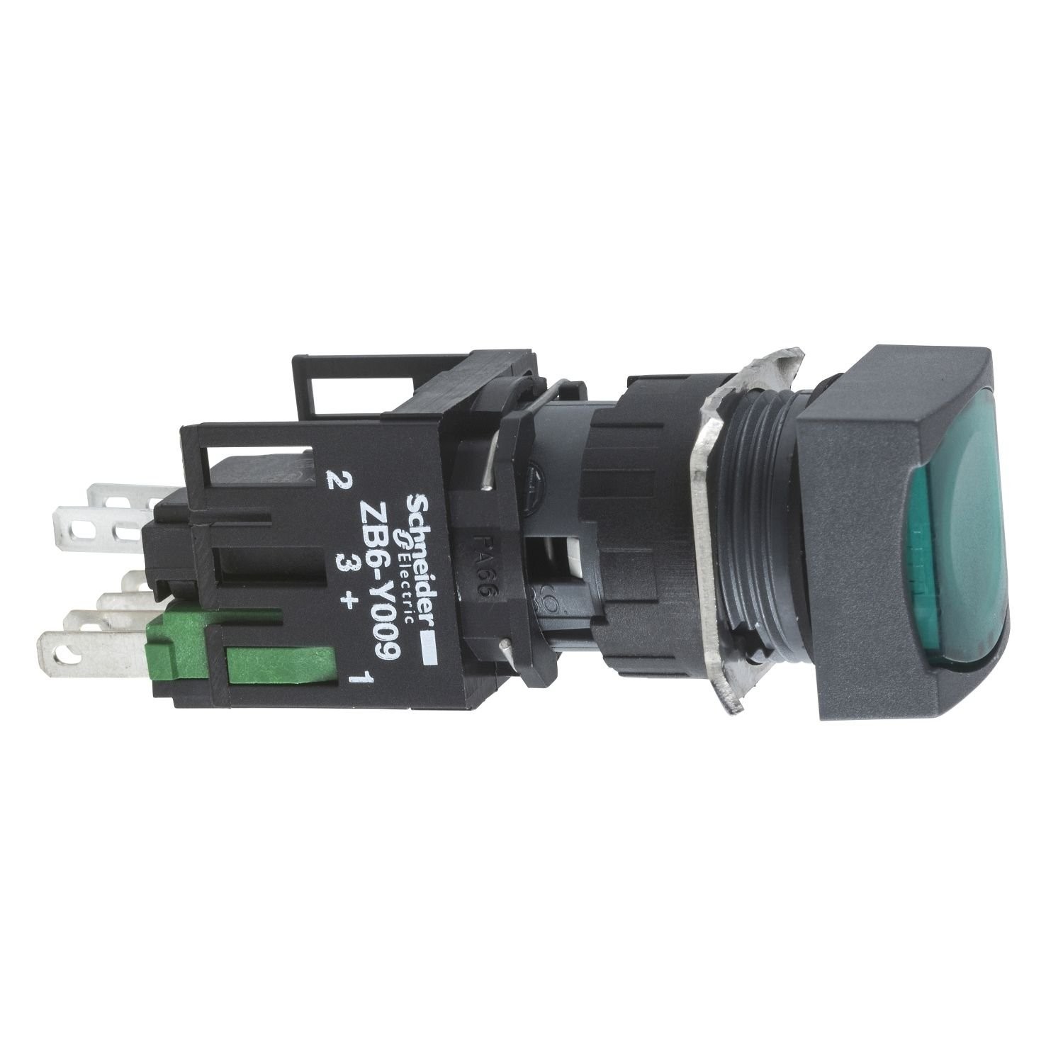 XB6CW3B1B Complete illuminated push button, Harmony XB6, green square flush, 16mm, spring return 1NO 12...24V