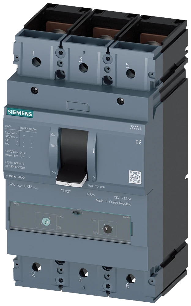3VA1332-5EF32-0AA0 circuit breaker 3VA1 IEC frame 400 breaking capacity class M Icu=55kA @ 415V 3-pole, line protection TM240, ATAM, In=320A overload protection Ir=224A...320A short-circuit protection Ii=5...10 x In nut keeper kit