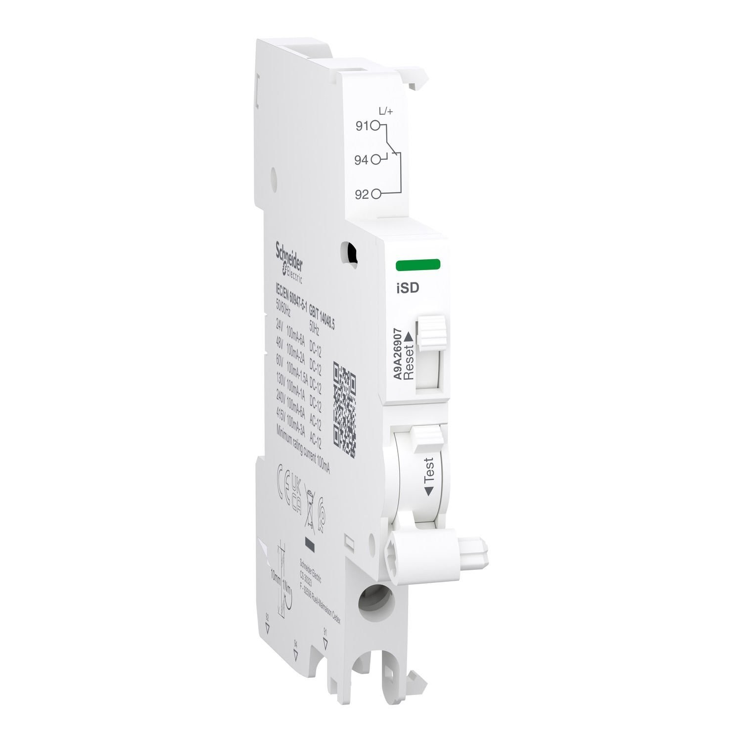 Schneider Electric A9A26907 Auxiliary contact, Acti9 A9A, iSD, 1 C/O, 100mA to 6A, 24VAC to 415VAC, 24VDC to 130VDC, bottom connection